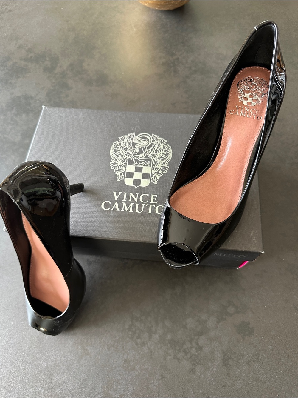 Vince Camuto Black Patent Peep-Toe Stiletto Pumps